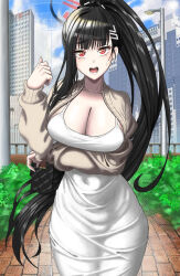 Rule 34 | 1girl, absurdres, black hair, blue archive, blunt bangs, breasts, cleavage, dress, hair ornament, hairclip, high ponytail, highres, large breasts, navel, open clothes, open mouth, outdoors, red eyes, rio (blue archive), solo, white dress, wotmd0160