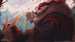 Rule 34 | 1boy, absurdres, alternate costume, animal, artist name, rabbit, castle, chain, copyright name, glowing, glowing eyes, hat, highres, holding, holding clothes, holding hat, joaowbenfica, league of legends, long sleeves, open mouth, outdoors, petals, sharp teeth, smile, tahm kench, teeth, watermark, web address