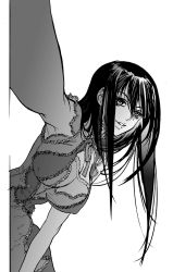 Rule 34 | 1girl, breasts, foreshortening, greyscale, highres, large breasts, leaning forward, long hair, looking at viewer, monochrome, official art, parted lips, simple background, solo, treasure hunter yagashiradai file, white background, yonemura kouichirou