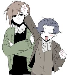 Rule 34 | 2boys, ascot, black vest, blue hair, blush stickers, brown hair, brown jacket, brown vest, cardigan, closed eyes, closed mouth, colored skin, commentary request, crossed arms, green cardigan, harada mutei, highres, jacket, korean commentary, long sleeves, male focus, multiple boys, open cardigan, open clothes, open jacket, open mouth, poru 1, saibou shinkyoku, shirt, short hair, simple background, single blush sticker, sketch, smile, utsugi rangiri, vest, white ascot, white background, white shirt, white skin