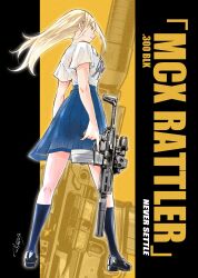 Rule 34 | 1girl, absurdres, assault rifle, black footwear, black socks, blonde hair, blue eyes, blue ribbon, blue skirt, closed mouth, collared shirt, commentary, commentary request, english text, from behind, full body, gun, highres, holding, holding gun, holding weapon, mantohihi binta, original, ribbon, rifle, shirt, shoes, sig mcx, sig sauer, skirt, socks, solo, trigger discipline, weapon, white shirt