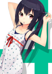 Rule 34 | 1girl, armpits, arms up, bare shoulders, black hair, blush, collarbone, dress, hair tie, k-on!, long hair, looking at viewer, maeda risou, nakano azusa, print dress, red eyes, solo, sundress, twintails