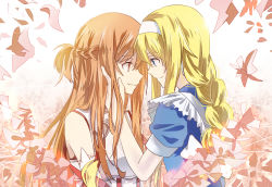 Rule 34 | 10s, 2girls, alice (alice in wonderland), alice in wonderland, alice zuberg, apron, asuna (sao), blonde hair, blue dress, blue eyes, braid, brown eyes, brown hair, cherry blossoms, dress, eye contact, french braid, hand on another&#039;s cheek, hand on another&#039;s face, long hair, looking at another, multiple girls, simple background, smile, sword art online, walluka, white background, yuri