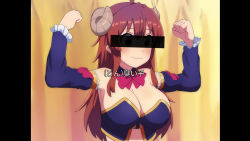 Rule 34 | 1girl, ahoge, blue collar, blue sleeves, blush, bow, bowtie, breasts, brown eyes, brown hair, censored, cleavage, closed mouth, collar, commentary request, curled horns, demon girl, demon horns, detached collar, detached sleeves, flexing, fuka (kantoku), highres, horns, identity censor, large breasts, long hair, machikado mazoku, manatsu no yo no inmu, pillarboxed, red bow, red bowtie, solo, translation request, upper body, wavy mouth, yoshida yuuko (machikado mazoku)