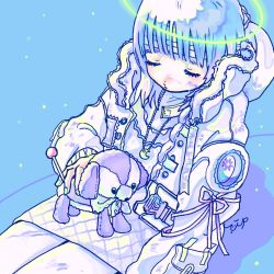Rule 34 | 1girl, blue hair, blue theme, closed eyes, cowboy shot, crescent, crescent necklace, halo, highres, hood, hood down, jewelry, long hair, long sleeves, necklace, original, shadow, sitting, solo, stuffed animal, stuffed dog, stuffed toy, toyux2