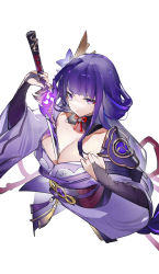 Rule 34 | 1girl, absurdres, breasts, cleavage, closed mouth, genshin impact, hair ornament, highres, holding, holding weapon, japanese clothes, katana, large breasts, long hair, long sleeves, looking at viewer, purple eyes, purple hair, raiden shogun, solo, sword, upper body, weapon, wide sleeves, yushe quetzalli