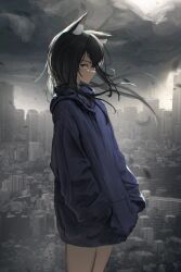 1girl absurdres alternate_costume animal_ear_fluff animal_ears arknights black_hair chromatic_aberration cityscape closed_mouth cloud cowboy_shot film_grain hands_in_pocket highres hood hood_down hoodie lit_for_20 long_hair long_sleeves looking_at_viewer outdoors profile purple_hoodie sideways_glance solo standing texas_(arknights) wind wolf_ears wolf_girl yellow_eyes