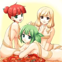 Rule 34 | 3girls, :d, atsukan, blonde hair, blunt bangs, breasts, brown eyes, butt crack, cleavage, food, food as clothes, green eyes, green hair, looking at viewer, multiple girls, mushroom, nude, open mouth, original, pasta, personification, red hair, smile, spaghetti, tomato