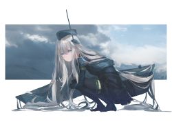 Rule 34 | 10s, 1girl, absurdly long hair, antennae, bad id, bad pixiv id, beret, black skirt, black thighhighs, blue eyes, blue hat, blue jacket, blush, closed mouth, cloud, cloudy sky, commentary request, enu 0426, from side, full body, grey hair, hair between eyes, hat, headgear, highres, jacket, jitome, juliet sleeves, kantai collection, long hair, long sleeves, looking at viewer, puffy sleeves, skirt, sky, solo, squatting, thighhighs, u-511 (kancolle), very long hair