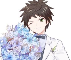 Rule 34 | 1boy, badge, blue flower, bouquet, bow, bowtie, brown hair, collared shirt, danganronpa (series), danganronpa 10th anniversary costume, danganronpa 2: goodbye despair, dress shirt, earrings, flower, formal, green eyes, grey shirt, hinata hajime, holding, holding bouquet, holding flower, jewelry, long sleeves, looking at viewer, male focus, midou (grk12138), official alternate costume, one eye closed, shirt, simple background, smile, solo, teeth, upper body, white background, white flower