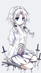 Rule 34 | 1girl, :/, alternate costume, artist name, barefoot, blue eyes, body writing, bow, braid, character name, colorized, dagger, empty eyes, grey background, hair bow, hair ornament, izayoi sakuya, kneehighs, knife, looking at viewer, maid headdress, maturiuta sorato, midriff, navel, open clothes, open shirt, puffy sleeves, shirt, short hair, short sleeves, silver hair, simple background, sitting, sketch, skirt, skirt set, socks, solo, touhou, twin braids, vest, weapon, white socks