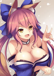 Rule 34 | 10s, 1girl, animal ears, bell, neck bell, blue legwear, bow, breast hold, breasts, cleavage, collar, collarbone, detached sleeves, euforia, fang, fate/extra, fate/grand order, fate (series), fox ears, fox tail, hair bow, hair ribbon, japanese clothes, large breasts, open mouth, pink hair, ribbon, solo, tail, tamamo no mae (fate/extra), yellow eyes