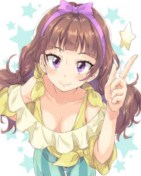 Rule 34 | 1girl, amanogawa kirara, breasts, brown hair, cleavage, downblouse, go! princess precure, hairband, long hair, looking at viewer, precure, purple eyes, shorts, smile, solo, star (symbol), starry background, striped clothes, striped shorts, twintails, yagyuu hato