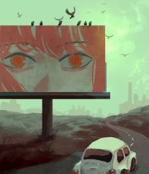 Rule 34 | 1girl, billboard, bird, car, chainsaw man, close-up, closed eyes, fog, green sky, green theme, highres, lunarelles, makima (chainsaw man), medium hair, motor vehicle, muted color, red eyes, red hair, ringed eyes, road, sidelocks, solo, the great gatsby