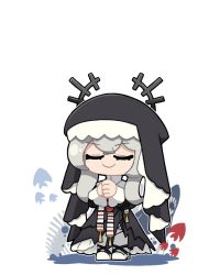 Rule 34 | 1girl, arknights, black dress, black hat, c:, chibi, closed eyes, dress, full body, grey hair, hat, hat ornament, highres, kumakun, long hair, official alternate costume, own hands together, pantyhose, simple background, smile, solo, specter (arknights), specter the unchained (arknights), standing, u u, white background, white pantyhose