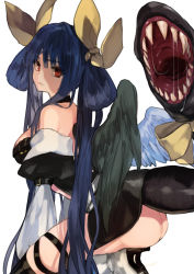 Rule 34 | 1girl, ass, asymmetrical wings, back, belt, black panties, black thighhighs, blue hair, boots, breasts, butt crack, choker, cleavage, collarbone, detached sleeves, dizzy (guilty gear), from side, guilty gear, guilty gear x, guilty gear xx, hair between eyes, hair rings, high heels, large breasts, long hair, looking at viewer, looking back, looking to the side, maka (morphine), monster girl, panties, parted lips, puffy sleeves, ribbon, saliva, seiza, sharp teeth, sitting, tail, tail mouth, tail ornament, tail ribbon, teeth, thick thighs, thigh strap, thighhighs, thighs, twintails, underwear, wings