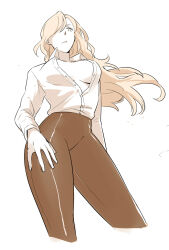 Rule 34 | 1girl, arm at side, breasts, center opening, cleavage, collared shirt, contrapposto, cropped legs, dress shirt, from below, frown, hair over one eye, hand on own thigh, large breasts, long bangs, long hair, long sleeves, looking afar, no bra, original, pants, partially unbuttoned, plunging neckline, rushi (mousang), shirt, shirt tucked in, solo