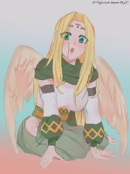 Rule 34 | 1girl, ainu clothes, angel wings, aquaplus, barefoot, blonde hair, blush, breasts, dress, eyelashes, eyes visible through hair, feathered wings, feet, full body, green eyes, green scarf, hands on ground, highres, hip vent, large breasts, large wings, leotard, leotard under clothes, long hair, looking at viewer, maguromountain, open mouth, raised eyebrows, scarf, sidelocks, signature, sitting, sleeveless, solo, taut clothes, taut leotard, thighs, toes, ulthury, utawarerumono, variations, very long hair, white leotard, wings, yokozuwari