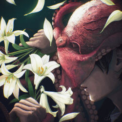 Rule 34 | absurdres, animal focus, black background, black hair, flower, hand up, highres, hiromumaru, holding, holding flower, leaf, octopus, original, parted lips, petals, signature, solo, suction cups, tentacles, white flower