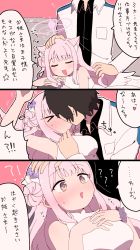 Rule 34 | !?, &gt; &lt;, 1boy, 1girl, 3koma, ?, animal ears, armpits, black hair, blue archive, blush, breasts, cat ears, closed eyes, comic, commentary request, couch, dress, feathered wings, flower, flustered, hair bun, hair flower, hair ornament, hair scrunchie, halo, heart, heart in eye, hetero, highres, huzinooop, image sample, japanese text, kiss, lap pillow, long hair, long sleeves, medium breasts, mika (blue archive), open mouth, pink hair, problem solver sensei (blue archive), purple flower, scrunchie, sensei (blue archive), single side bun, sitting, sleeveless, sleeveless dress, speech bubble, surprise kiss, surprised, sweat, symbol in eye, translation request, twitter sample, upper body, white dress, white wings, wings, wrist scrunchie