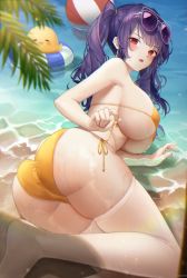 Rule 34 | 1girl, absurdres, ass, azur lane, bad id, bad pixiv id, ball, bare shoulders, beachball, bikini, breasts, eyewear on head, fang, highres, huge filesize, in water, large breasts, long hair, looking at viewer, lying, manjuu (azur lane), meoyo, no shoes, official alternate costume, on side, open mouth, pola (azur lane), pola (seaside coincidence) (azur lane), purple hair, red eyes, shallow water, side-tie bikini bottom, skin fang, sunglasses, swimsuit, thighhighs, thighs, twintails, water, white thighhighs, yellow bikini