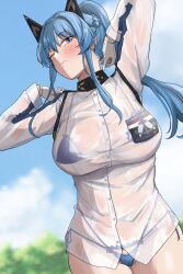 Rule 34 | 1girl, beach, bikini, bikini under clothes, blue bikini, blue eyes, blue hair, blue sky, blush, braid, breasts, cameltoe, closed mouth, covered navel, french braid, gloves, goddess of victory: nikke, helm (aqua marine) (nikke), helm (nikke), highres, large breasts, long hair, long sleeves, looking at viewer, micro bikini, one eye closed, ponytail, pubic hair, pubic hair peek, sidelocks, sky, solo, stretching, swimsuit, takeura, thighs, wet, wet clothes, white gloves