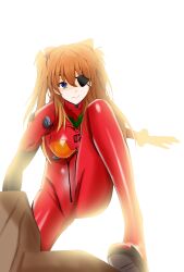 Rule 34 | 1girl, absurdres, artist request, ass, blue eyes, bodysuit, brown hair, cowboy shot, eyepatch, glowing, hair between eyes, highres, long hair, neon genesis evangelion, plugsuit, rebuild of evangelion, red bodysuit, shiny clothes, simple background, smile, solo, souryuu asuka langley, turtleneck, twintails, two side up, white background, wide hips