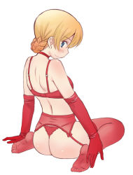 Rule 34 | 10s, 1girl, arm support, ass, blonde hair, blue eyes, blush, bra, braid, closed mouth, darjeeling (girls und panzer), elbow gloves, feet, full body, g-string, garter belt, garter straps, girls und panzer, gloves, legs, lingerie, looking at viewer, looking back, panties, red bra, red gloves, red panties, red thighhighs, short hair, shoulder blades, sideways mouth, simple background, sitting, smile, solo, thighhighs, thighs, thong, twin braids, underwear, underwear only, uona telepin, wariza, white background