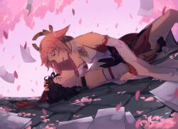 2girls animal_ears black_gloves black_hair cobblestone commentary detached_sleeves english_commentary falling_petals fox_ears fox_girl genshin_impact girl_on_top gloves kujou_sara long_hair long_sleeves lying multiple_girls on_back on_ground petals pink_petals purple_eyes shirt short_hair sleeveless sleeveless_shirt teires_(teir3s) white_shirt white_sleeves wide_sleeves yae_miko yellow_eyes yuri