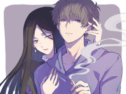 Rule 34 | 10s, 1boy, 1girl, between fingers, black hair, cigarette, closed mouth, earrings, frills, frown, hair between eyes, hand on another&#039;s chest, hand on another&#039;s head, holding, holding cigarette, hood, hood down, hoodie, ichiko (osomatsu-san), jewelry, long hair, looking at viewer, matsuno ichimatsu, messy hair, osomatsu-kun, osomatsu-san, osomatsu (series), parted bangs, parted lips, print shirt, purple background, purple eyes, red lips, rio (keii16), rounded corners, shirt, silver hair, smoke, upper body