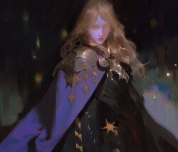 Rule 34 | 1other, abstract background, androgynous, armor, black robe, blonde hair, cape, closed eyes, closed mouth, commentary, english commentary, facial mark, facing viewer, faux traditional media, highres, lips, long hair, original, pauldrons, purple cape, robe, shoulder armor, solo, standing, star (symbol), upper body, wavy hair, yuming li