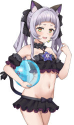 Rule 34 | 1girl, animal ear fluff, animal ears, ball, bare shoulders, bikini, black capelet, black headwear, black ribbon, black skirt, blunt bangs, blush, brown eyes, capelet, cat ears, cat girl, cat tail, collarbone, commentary request, cowboy shot, flat chest, hai ookami, hair ornament, hair ribbon, highres, holding, hololive, long hair, looking at viewer, lowleg, lowleg skirt, midriff, murasaki shion, murasaki shion (gothic lolita), navel, one side up, open mouth, ribbon, sidelocks, silver hair, simple background, skirt, smile, solo, standing, star (symbol), stomach, swimsuit, tail, virtual youtuber, white background
