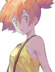 Rule 34 | 1girl, armpits, asymmetrical hair, aubz, bare arms, blush, breasts, creatures (company), eyelashes, game freak, gen 1 pokemon, green eyes, highres, looking at viewer, misty (pokemon), nintendo, one eye closed, orange hair, pokemon, pokemon (anime), pokemon (classic anime), ponytail, shirt, short hair, side ponytail, simple background, sleeveless, sleeveless shirt, small breasts, smile, solo, suspenders, upper body, white background, wink, yellow shirt