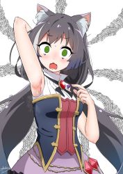 Rule 34 | 1girl, animal ear fluff, animal ears, arm up, armpits, bare arms, black hair, cat ears, cat girl, constricted pupils, fang, green eyes, karyl (princess connect!), long hair, looking at viewer, low twintails, multicolored hair, open mouth, princess connect!, purple skirt, shirt, sidelocks, simple background, skirt, sleeveless, sleeveless shirt, solo, twintails, white background, white hair, white shirt, yokoshima (euphoria)