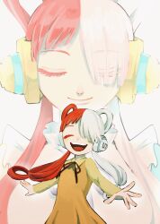 Rule 34 | 1girl, ^ ^, aged down, black ribbon, child, closed eyes, commentary request, dress, hair over one eye, headphones, highres, multicolored hair, neck ribbon, oh imo, one piece, one piece film: red, projected inset, red hair, ribbon, sleeveless, sleeveless dress, smile, twintails, two-tone hair, uta (one piece), white hair, yellow dress
