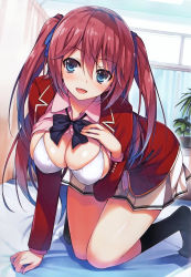 Rule 34 | 1girl, absurdres, bikini, bikini top only, black socks, blazer, blue eyes, bow, bowtie, breasts, cleavage, hair between eyes, hair ribbon, hand on own chest, highres, indoors, jacket, kneeling, large breasts, looking at viewer, official art, open clothes, open mouth, pink hair, pleated skirt, red eyes, ribbon, sakura airi, scan, school uniform, skirt, smile, socks, solo, swimsuit, tomose shunsaku, twintails, white bikini, youkoso jitsuryoku shijou shugi no kyoshitsu, youkoso jitsuryoku shijou shugi no kyoushitsu e