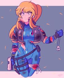 Rule 34 | 1girl, bandaged arm, bandaged leg, bandages, blonde hair, blood, blue bodysuit, blue eyes, bodysuit, clenched hand, commentary, cropped jacket, cuts, dog tags, earrings, english commentary, gun, handgun, highres, holding, holding gun, holding weapon, holster, injury, jacket, jewelry, metroid, metroid: other m, mole, mole under mouth, nintendo, peachyboi, pistol, ponytail, samus aran, solo, thigh holster, torn bodysuit, torn clothes, torn jacket, weapon, zero suit