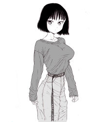 Rule 34 | 1girl, bad id, bad pixiv id, belt, black hair, closed mouth, collarbone, dende (dndn222), greyscale, highres, long belt, long sleeves, looking at viewer, monochrome, original, pants, scan, scan artifacts, shirt, short hair, solo, standing, traditional media