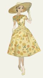 Rule 34 | 1960s (fashion), 1girl, audrey hepburn, dress, fashion, floral print, flower, full body, hair flower, hair ornament, hand up, hat, highres, mu mashu, pinup (style), print dress, real life, shadow, short sleeves, simple background, solo, standing, white background, yellow dress, yellow flower, yellow footwear, yellow hat