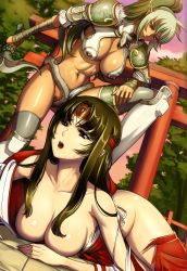 Rule 34 | 2girls, armor, bare shoulders, black hair, black legwear, breasts, collarbone, crotch, dark-skinned female, dark elf, dark skin, defeat, echidna (queen&#039;s blade), echidna (queen's blade), eiwa, elf, femdom, fundoshi, green hair, hakama, hakama skirt, headband, highres, holding, holding sword, holding weapon, japanese clothes, large breasts, long hair, long sleeves, low-tied long hair, lying, miko, multicolored hair, multiple girls, musha miko tomoe, navel, no bra, no panties, official art, on floor, on stomach, open clothes, open mouth, outdoors, pauldrons, pointy ears, ponytail, purple sky, queen&#039;s blade, queen&#039;s blade rebellion, red eyes, red hakama, red headband, revealing clothes, ribbon-trimmed sleeves, ribbon trim, shoulder armor, shrine, sidelocks, single pauldron, skindentation, skirt, sky, smile, snake, sword, tan, thick thighs, thigh strap, thighhighs, thighs, tomoe (queen&#039;s blade), tomoe (queen's blade), toned, torn clothes, tree, two-tone hair, underboob, vambraces, vanquished queens, very long hair, veteran mercenary echidna, weapon