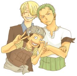Rule 34 | 3boys, black hair, blonde hair, crossed arms, earrings, east blue, formal, goggles, green hair, hair over one eye, haramaki, jewelry, lowres, male focus, multiple boys, one piece, overalls, roronoa zoro, sanji (one piece), smile, suit, usopp, v