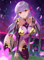 Rule 34 | 1girl, armlet, armor, bare shoulders, bikini armor, blue sky, blush, bracelet, breasts, circlet, collar, collarbone, detached sleeves, dress, earrings, evening, fate/grand order, fate (series), floral print, flower, gradient sky, grin, hair ribbon, halterneck, highres, inari (ambercrown), jewelry, kama (fate), kama (second ascension) (fate), large breasts, lily pad, long hair, looking at viewer, lotus, metal collar, night, night sky, pelvic curtain, petals, pink ribbon, purple dress, purple sky, purple sleeves, purple thighhighs, red eyes, ribbon, ring, silver hair, sky, smile, star (sky), starry sky, thighhighs, thighlet, thighs