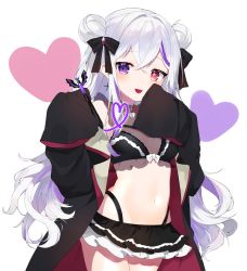 Rule 34 | 1girl, absurdres, black bow, bow, brown choker, choker, closed mouth, collarbone, commission, cross, cross earrings, double bun, earrings, fang, frills, gem, grey hair, hair bun, heart, heart choker, heterochromia, highres, holding, holding wand, jewelry, long hair, multicolored hair, navel, original, purple eyes, purple hair, red eyes, see-through, skeb commission, skin fang, skindentation, sleeves past fingers, sleeves past wrists, solo, striped, striped bow, symbol-shaped pupils, tongue, tongue out, tyazakura sayu, virtual youtuber, wand, white bow
