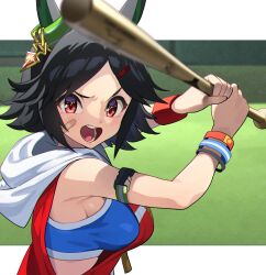Rule 34 | 1girl, animal ears, arm strap, bare shoulders, baseball bat, black hair, blue sports bra, bracelet, breasts, commentary request, ear ornament, from side, hair ornament, hairclip, highres, holding, holding baseball bat, hood, hood down, hoodie, horse ears, horse girl, jewelry, looking at viewer, low-cut armhole, medium breasts, nishiki kazue, open mouth, red eyes, short hair, sleeveless, sleeveless hoodie, solo, sports bra, umamusume, upper body, winning ticket (umamusume), wristband