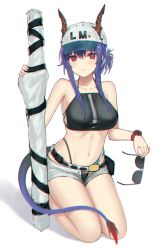 Rule 34 | 1girl, arknights, bare arms, bare shoulders, baseball cap, belt, bikini, black bikini, blue hair, blush, breasts, ch&#039;en (arknights), ch'en (arknights), collarbone, commentary request, cundang, dragon horns, dragon tail, female tourist c (arknights), grey shorts, hair between eyes, hat, highleg, highleg bikini, holding, holding removed eyewear, horns, horns through headwear, long hair, looking at viewer, medium breasts, navel, official alternate costume, open fly, parted lips, red eyes, seiza, shadow, short shorts, shorts, sidelocks, simple background, sitting, solo, stomach, sunglasses, swimsuit, tail, thighs, unworn eyewear, watch, white background, white hat, wristwatch