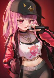 Rule 34 | 1girl, baseball cap, black hat, black pants, breasts, cleavage, commentary, crop top, fishnet top, fishnets, hand in pocket, hand up, hat, highres, holding, holding microphone, hololive, hololive english, jacket, jewelry, long hair, long sleeves, looking at viewer, microphone, midriff, mori calliope, mori calliope (streetwear), nail polish, necklace, official alternate costume, open clothes, open jacket, open mouth, pants, pink hair, print shirt, red background, red eyes, red jacket, red nails, see-through, shirt, skull print, solo, standing, ttusee5, virtual youtuber, white shirt