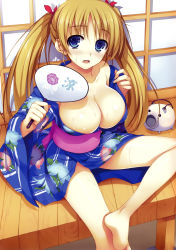 Rule 34 | 1girl, absurdres, barefoot, blonde hair, blue eyes, blush, breasts, cleavage, hand fan, female focus, floral print, hair ribbon, highres, hot, japanese clothes, kimono, large breasts, crossed legs, looking at viewer, no bra, open clothes, open mouth, open shirt, original, paper fan, ribbon, scan, shirt, sitting, solo, sweat, tomose shunsaku, twintails, uchiwa, veranda, yukata