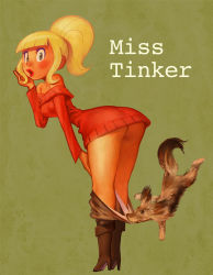 Rule 34 | 1girl, a kind of magic, art frahm, assisted exposure, bare shoulders, blonde hair, blue eyes, blush, boots, coppertone, coppertone girl, dog, high heels, high ponytail, leaning forward, lips, lipstick, magic (series), makeup, miss tinker, mlle. fosette, panties, pantsing, panty pull, parody, ponytail, ramb chop, red lips, shoes, solo, teacher, underwear
