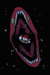 Rule 34 | 1boy, air bubble, animal, black background, bubble, eel, fangs, green eyes, hat, highres, looking at viewer, mario, mario (series), maw-ray, nintendo, open mouth, rariatto (ganguri), simple background, solo, super mario 64, teeth, underwater