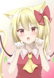 Rule 34 | 1girl, :o, absurdres, animal ear fluff, animal ears, bat wings, blonde hair, blush, bow, cat ears, cat tail, collar, collarbone, commentary, crystal, eyelashes, fang, flandre scarlet, frilled collar, frills, gradient background, hair between eyes, hair bow, hands up, highres, looking at viewer, medium hair, neckerchief, paw pose, pink background, puffy short sleeves, puffy sleeves, red bow, red eyes, shirt, short sleeves, side ponytail, simple background, solo, szl, tail, touhou, upper body, white background, white shirt, wing collar, wings, yellow fur, yellow neckerchief